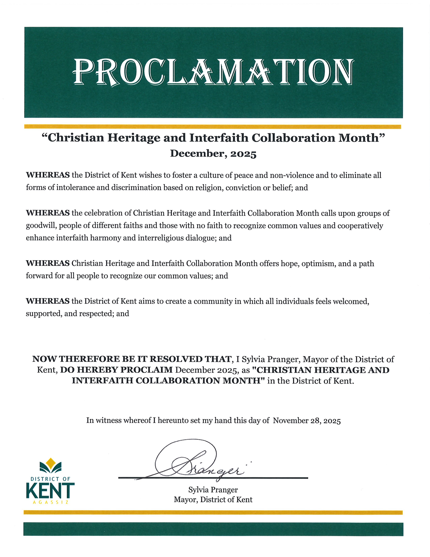 Christian Heritage and Interfaith Collaboration Month Proclamation